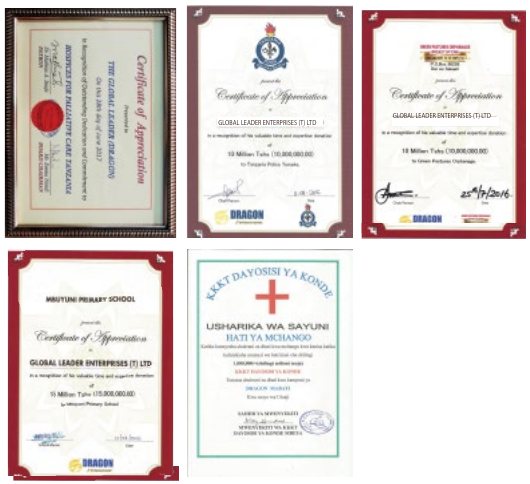 Certificates of appreciation received by Dragon Group for donations